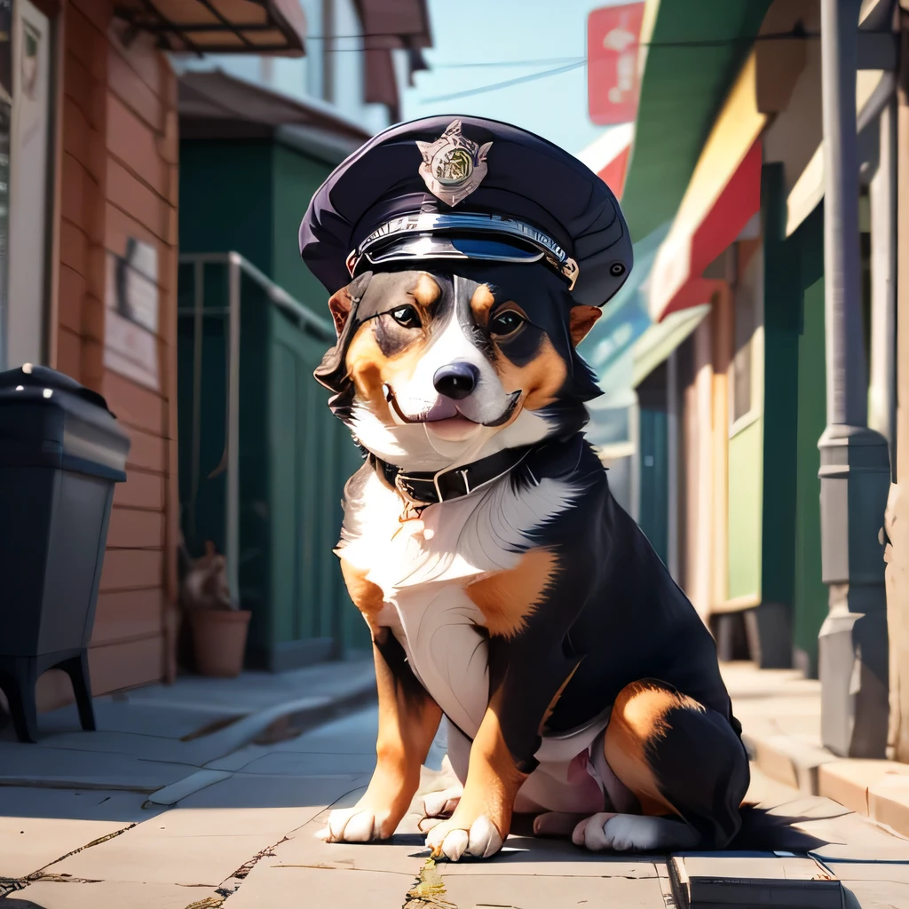 RAW photo, 8K, realistic, dog is wearing police's hat, cat is sitting aside a dog ,street