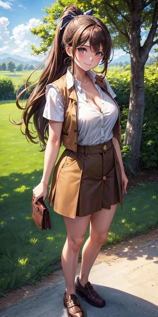 1girl, full body, solo, summer, village, trees, sun, clouds, ((brown hair)), long hair, ponytail, large breasts, ((brown vest)), button down shirt, ((white shirt)), ((short sleeved shirt)), ((unbuttoned shirt)), unbuttoning buttons, cleavage 1:3, brown eyes, skirt, smile, looking at the viewer, standing, hair ribbon, golden necklate