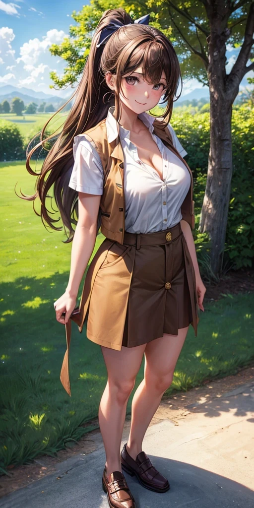 1girl, full body, solo, summer, village, trees, sun, clouds, ((brown hair)), long hair, ponytail, large breasts, ((brown vest)), button down shirt, ((white shirt)), ((short sleeved shirt)), ((unbuttoned shirt)), unbuttoning buttons, cleavage 1:3, brown eyes, skirt, smile, looking at the viewer, standing, hair ribbon, golden necklate