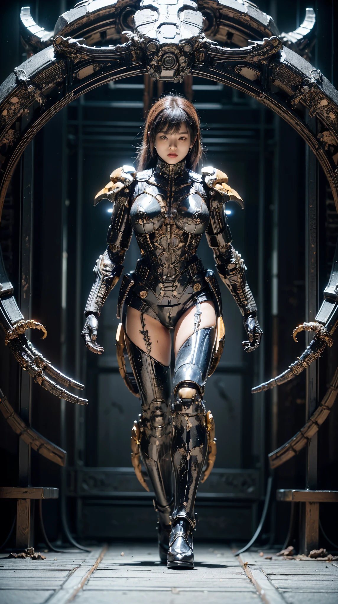 (high resolution,masterpiece,best quality,extremely detailed CG),(japanese girl), photorealistic, amazing fine details, all intricate, gloss and shiny,awesome many layers, 8k wall paper, ultimately realistic face, (whole body picture), perfect female proportion,villainess, (fusion of scorpion and lady:1.4), (scorpion form lady:1.2), (scorpion lady:1.2), (fusion:1.2), (scorpion exoskeleton bio insect suit:1.4), (scorpion blue exoskeleton bio insect armor:1.4), dystopia with a nice view