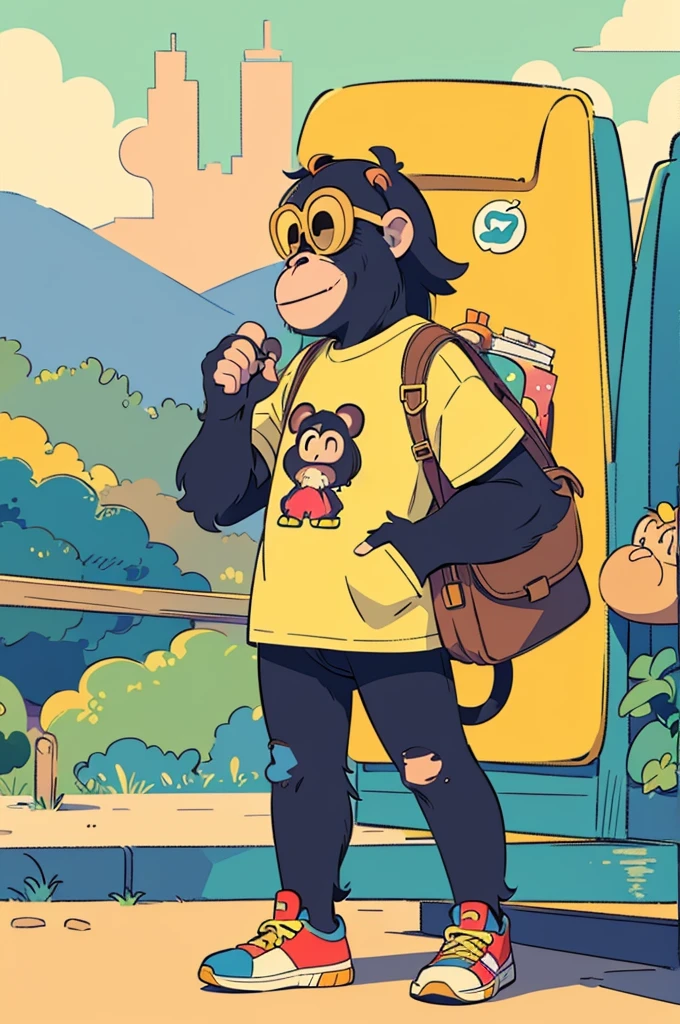 popart,flat color,(masterpiece, best quality: 1.1), (ultra highres, ultra-detailed: 1.2) ,(Chimpanzee wearing sunglasses), Chimpanzee travelling the world,Cheerful,Shirt,Travel bag,sneakers,
,(fullbody),Side angle,