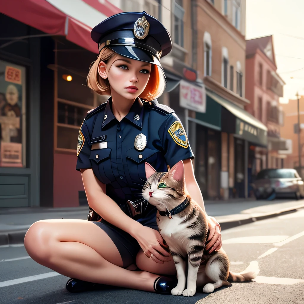 RAW photo, 8K, realistic, dog is wearing police's hat, kitten is sitting by a dog ,street