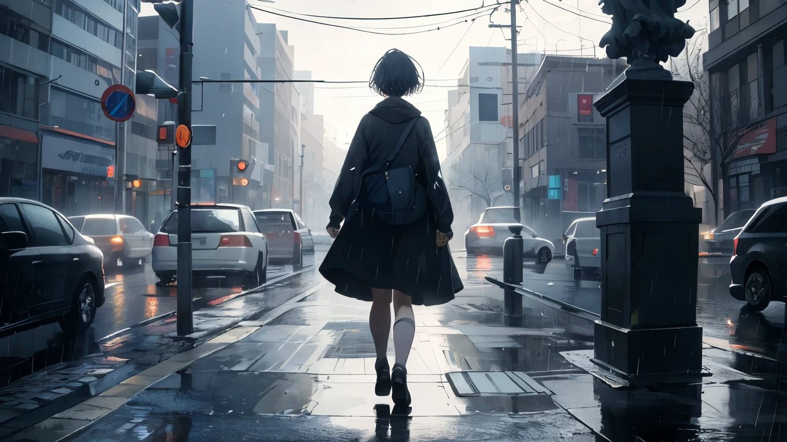 Down to the last detail, Beautifully rendered CG Unity 8k wallpapers、Showing a depressing scene on the road. people, With your back to the viewer, Making steady progress, A moving illustration of raindrops falling on the ground and splashing as you walk. The melancholic shadows continue for a long time., Dark Shadows, Emphasize sentimental music playing softly in the background. The sky above is sadly blue and grey, Swirling together in a sombre dance, Rain tendrils wet the pavement. A tearful expression is etched on the statue&#39;s face., And the stains of tears slowly