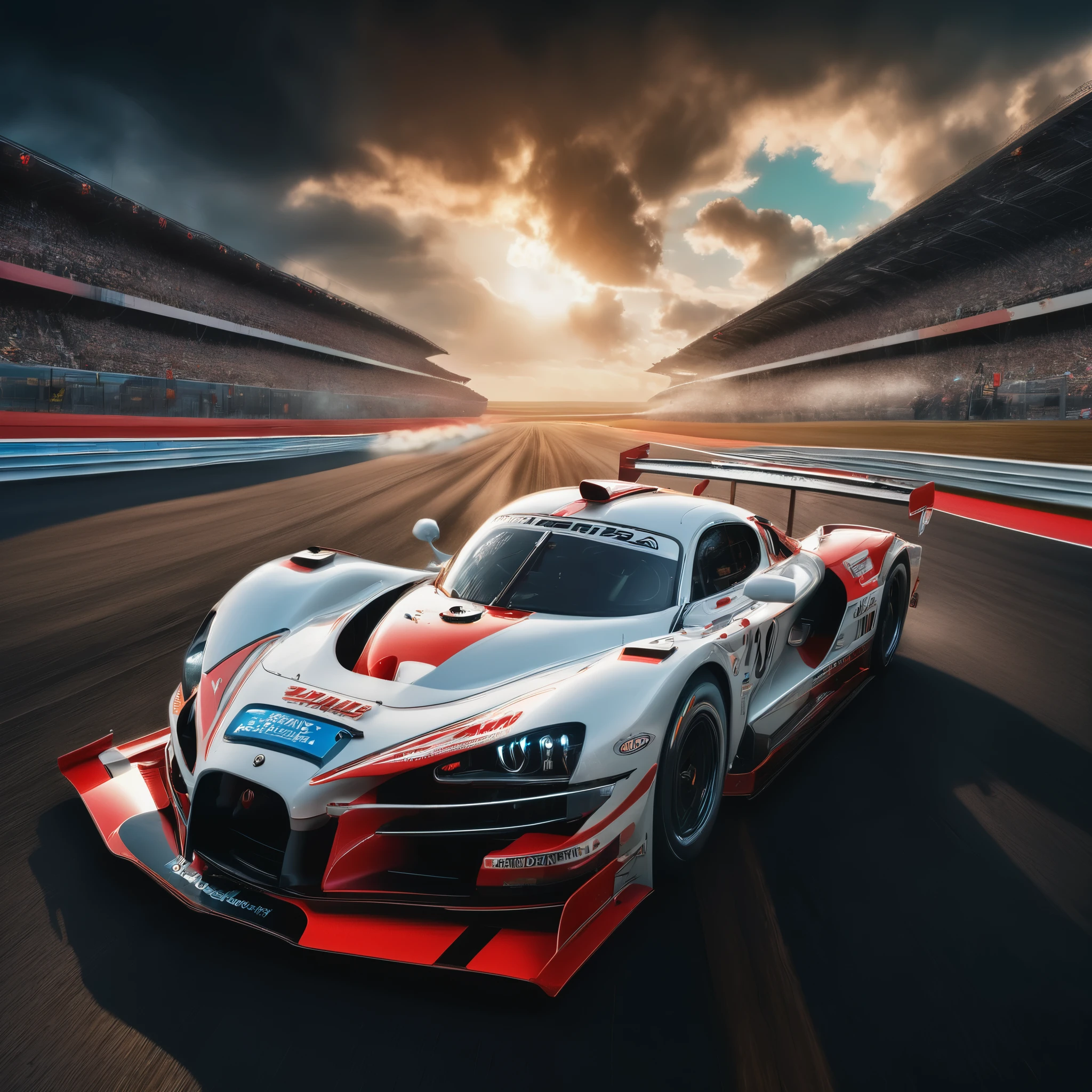 Racing Car, beautiful, Very detailed, 2 cars, Thrilling starting line drag racing on car race track, Thundercloud, Dramatic detailed clouds, With breathtakingly intricate detail、Fantasy photography with attention to detail, From WETA FX and Industrial Light & Magic, Complex and sophisticated RTX-enhanced CGI rendering