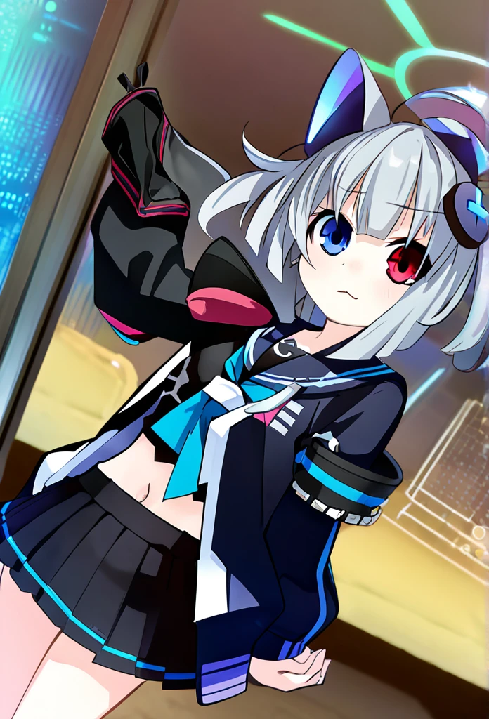 ((1girl)), ((grey hair)), cute, a female anime character holding two guns,【 sciart 💙💜 mson, coilgun, wavy long hair, cat-eared headset with neon light purple color, heterochromia eyes (blue eyes, red eyes), ((black and dark blue outfit)), white ornaments, red skirt, grey wavy hair, hair ornaments, dark blue opened cyberpunk jacket with red lines, navel showing black sailor uniform, ((sailor uniform inside the jacket)), grey sailor collar, black shirt, short sleeves)), midriff, ultra-detailed, masterpiece, best quality, high resolution, female, flashing belly, showing a glimpse of navel a little, lifting up shirt a little, teasing, black miniskirt