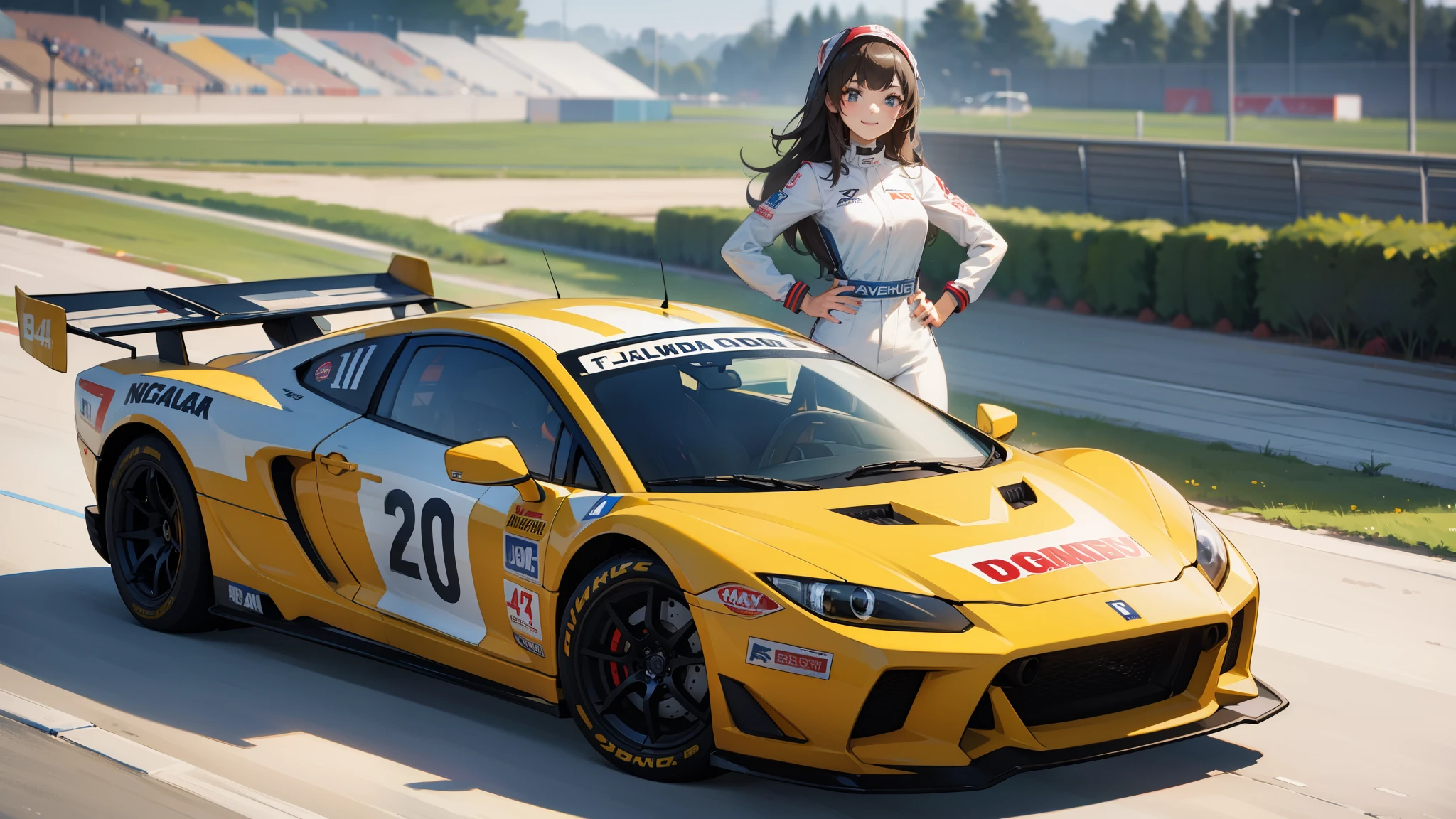 masterpiece, Super detailed, highest quality, Racing car and young woman, alone, Race Queen Costume, smile, Hands on hips, View Viewer, Detailed Background, Background car racing track, In front of the crowd, Bokeh, Anatomically correct