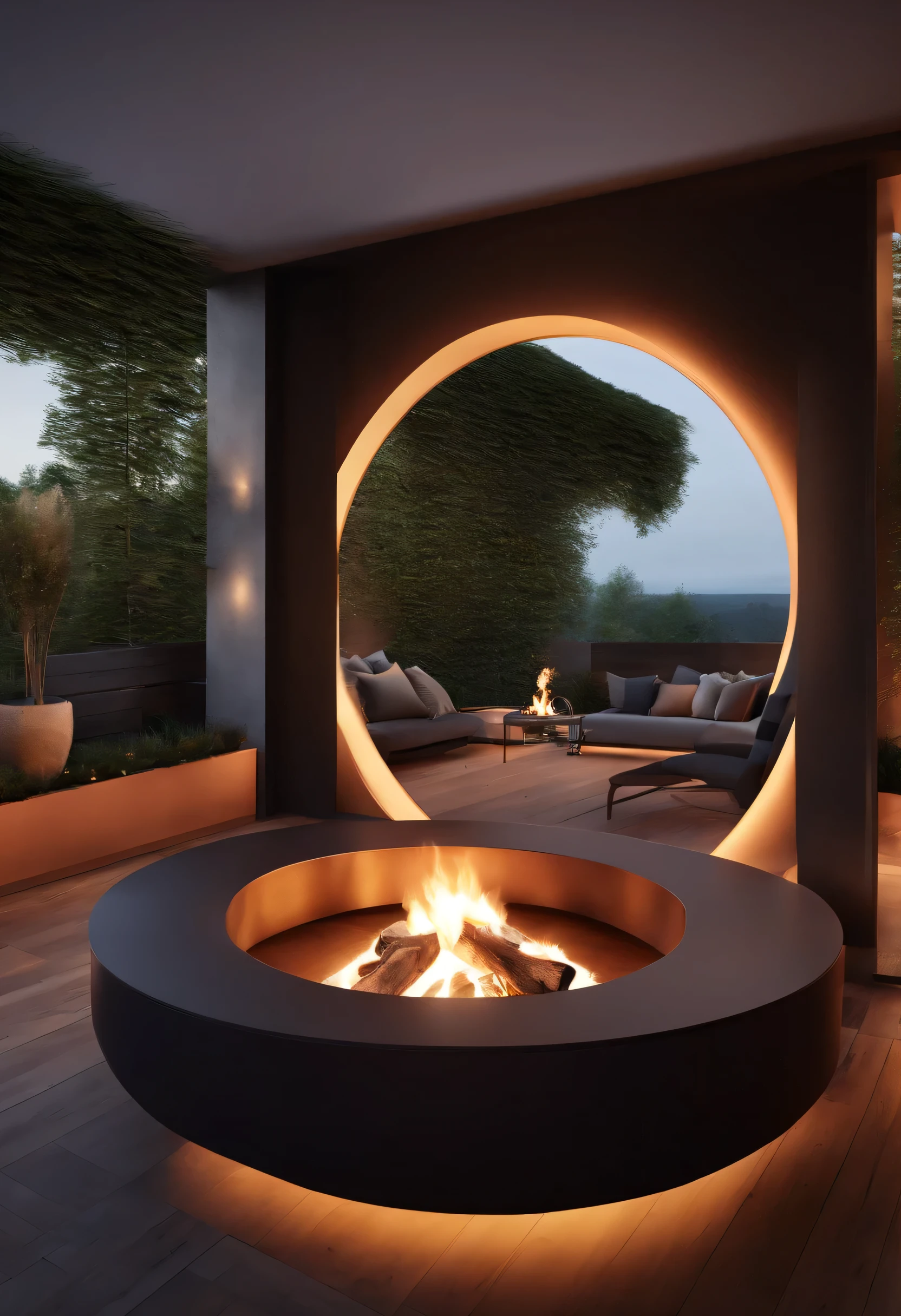 Professional 3D rendering of a circular fireplace design for the middle of the terrace