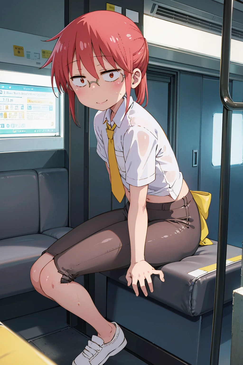 absurderes, solo, ​masterpiece、top-quality、Kobayashi,1 girl, white shirt, relised yellow tie, black office pants,short sleeves, bra, relised bra, white bra, office shoes, tired, flat chest, Highly detailed body lines, in a subway car, sitting, front view, night, spread legs, legs up, cameltoe, wet, shy, aroused, seductive smile, drunk,