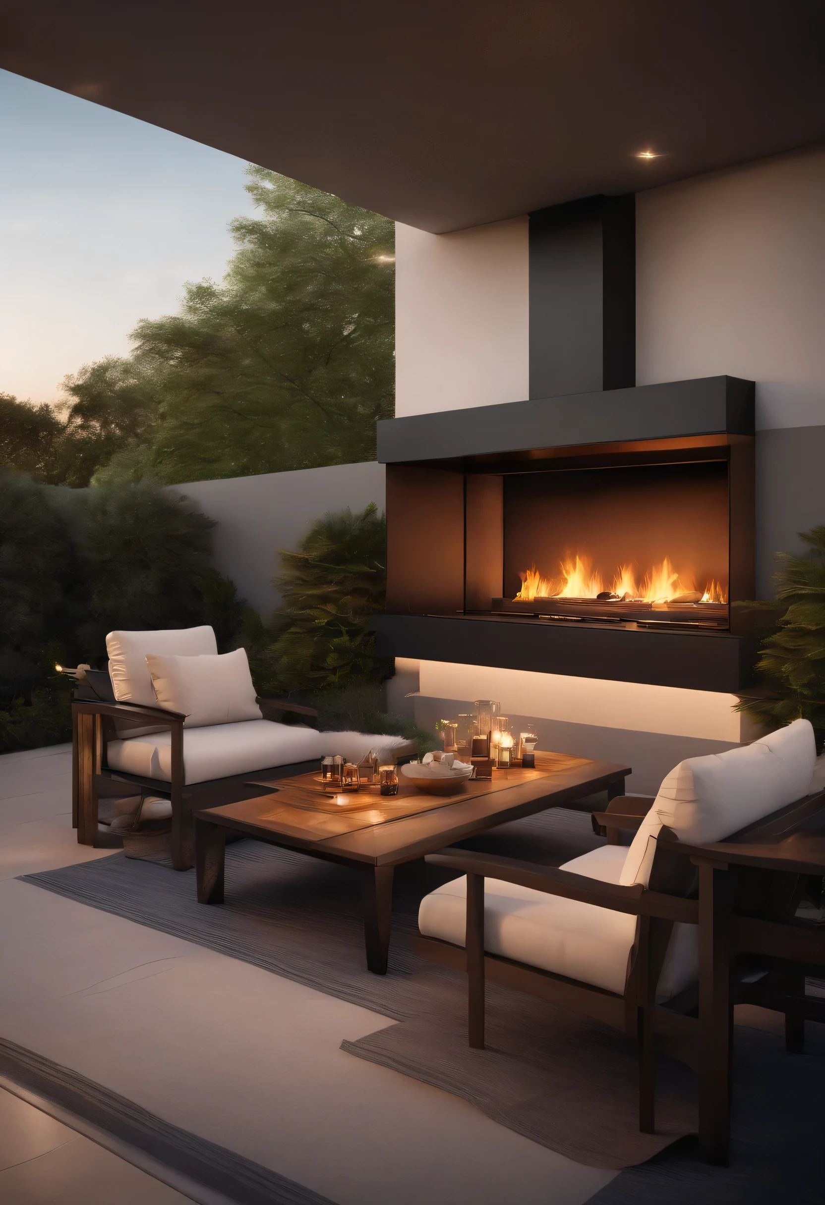 Professional architectural rendering of a fireplace design for the middle of the terrace