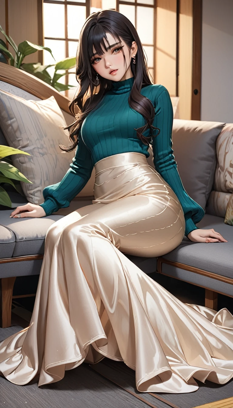 (masterpiece,highest quality,超A high resolution),Japanese women, (((Very beautiful 25 year old girl))),Long sleeve sweater、((Satin mermaid-style high-waisted long skirt))、The skirt is ankle-length、