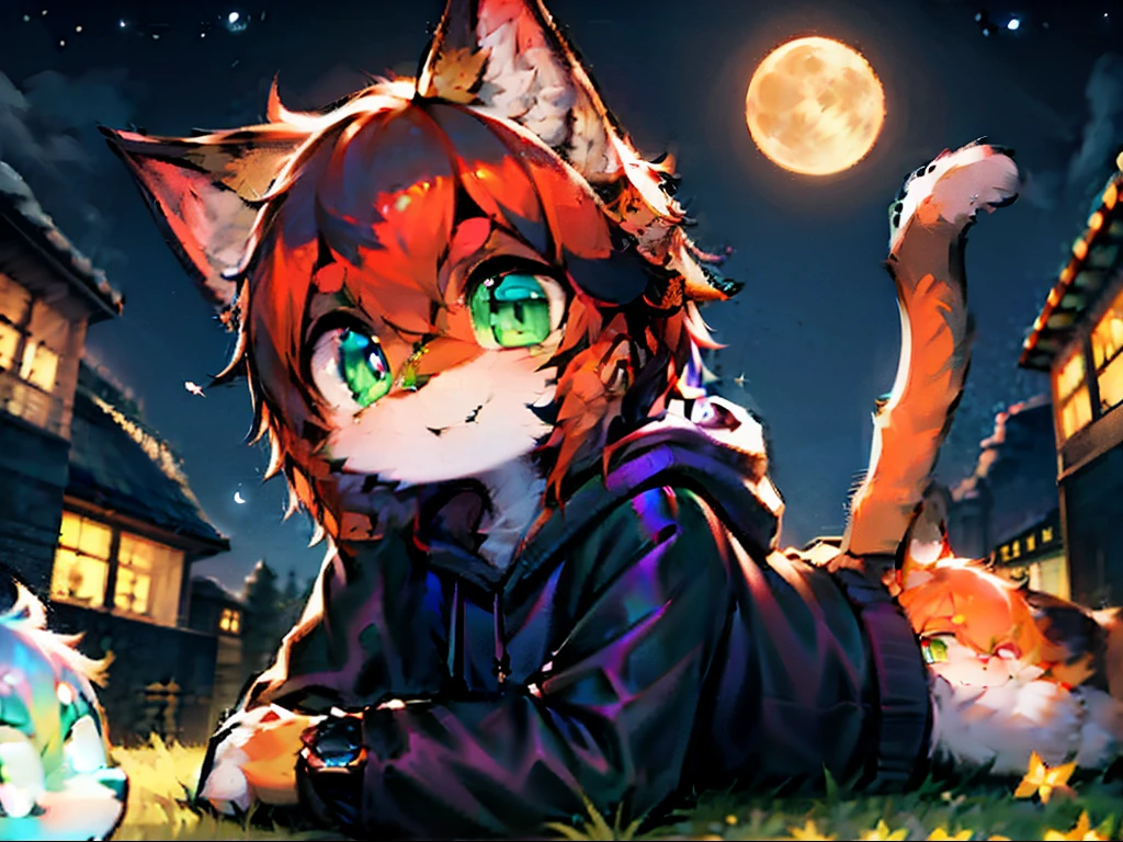 Cat，orange hair，orange cat ears，White cat tail，Green Eyes，sky-blue claws，cute，big eyes，Shota，Wearing a black sweatshirt，A night with a beautiful starry sky，Lie on the lawn and watch the moon