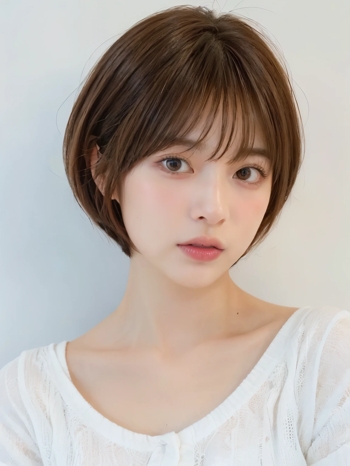 Light grey short sleeve dress、Tabletop、(White wall in the background)、In front of the white door、((highest quality、8k、masterpiece:1.3))、Ultra-high resolution、(photoGenuineistic:1.4)、RAW Photos、30-year-old woman、Japanese,(face)、Genuine、Photographed in natural light、Highly detailed face and skin texture、Highly detailed lips、The correct state of the human body、short hair、Shortcuts、Brown Hair、short hair、Mr.々A pose、Natural color lip、Fluffy hair