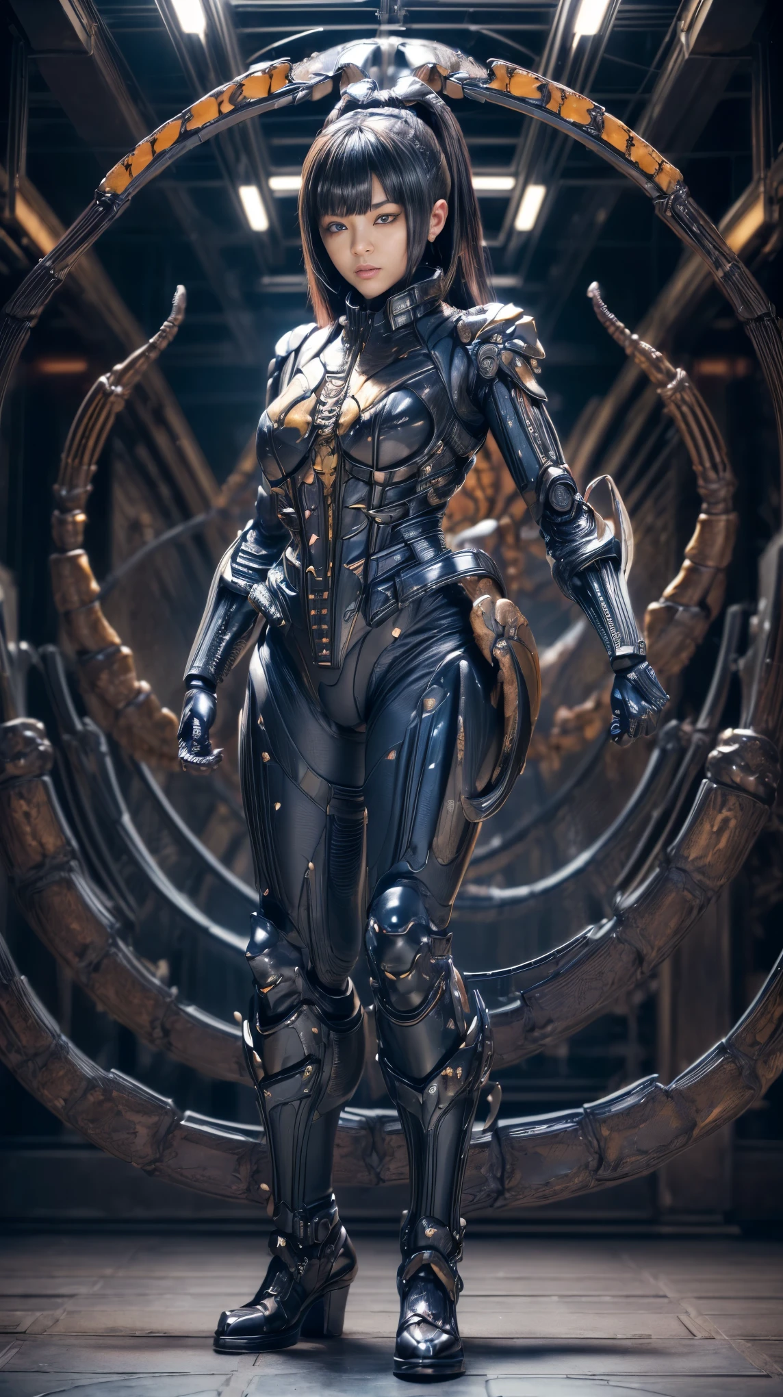 (high resolution,masterpiece,best quality,extremely detailed CG),(japanese girl), photorealistic, amazing fine details, all intricate, gloss and shiny,awesome many layers, 8k wall paper, ultimately realistic face, (whole body picture), perfect female proportion,villainess, (fusion of scorpion and lady:1.4), (scorpion form lady:1.2), (scorpion lady:1.2), (fusion:1.2), (scorpion exoskeleton bio insect suit:1.4), (scorpion blue exoskeleton bio insect armor:1.4), dystopia with a nice view