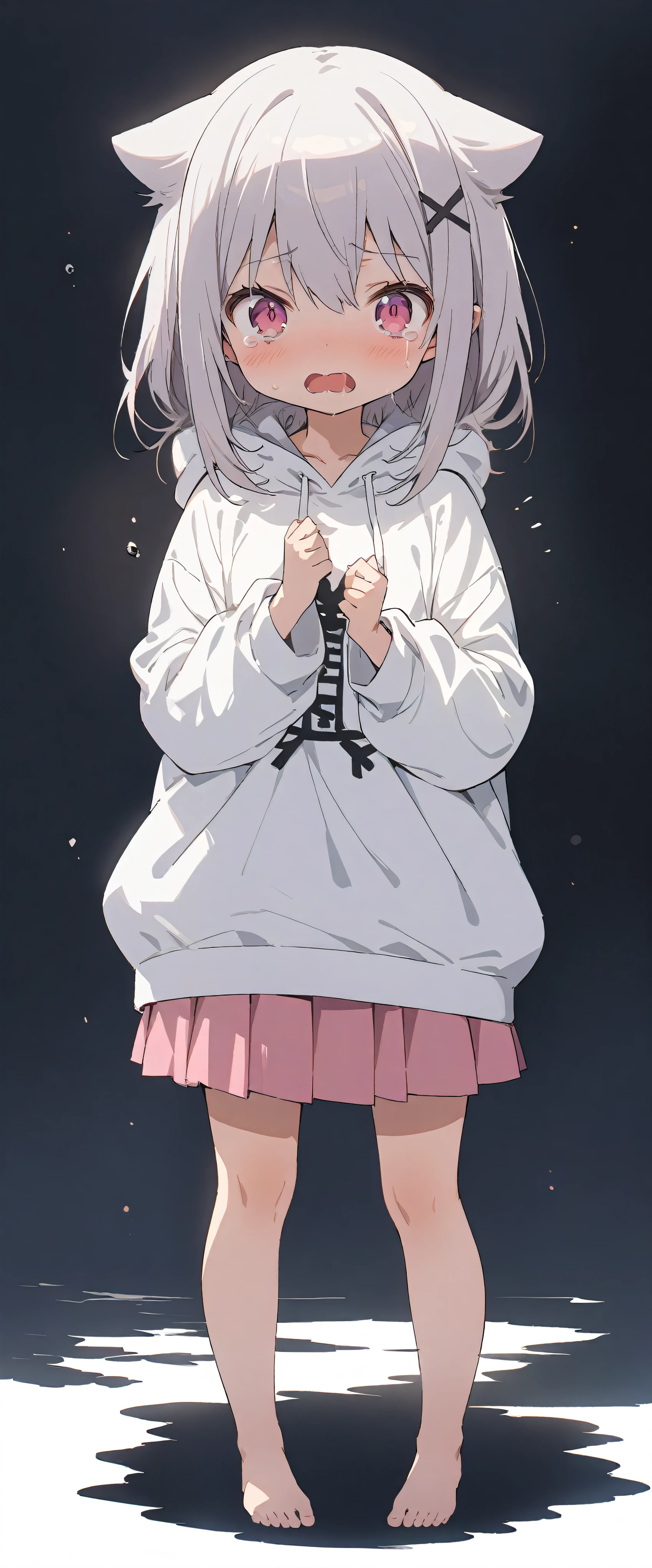White background、white background、Blank background、Ultra-high resolution, highest quality,Solo,just standing girl, One young girl、Full body view from the front、fish-bone braid hair、Fishbone Hair、grayish white hair、beautiful detailed eyes、Grey hair x pink eyes、pink eyes、shedding large tears、Troubled expression、Open your mouth wide、Ample breasts、Plain white hoodie、Pink pleated skirt、barefoot