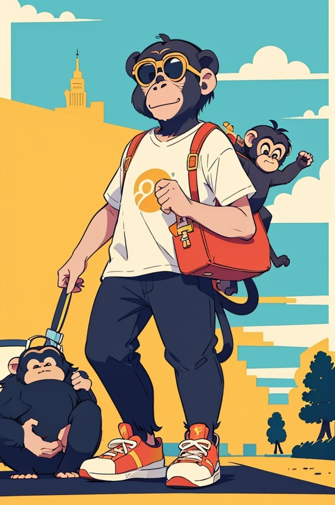 flat color,(Chimpanzee wearing sunglasses), Chimpanzee travelling the world,Cheerful,Shirt,,sneakers,enjoy trip,
