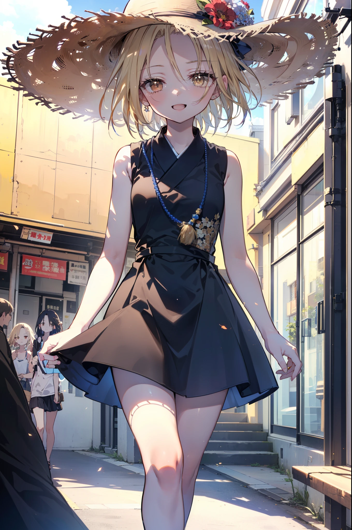 (annakyouyama, anna kyouyama, Blonde Hair, short hair, (Brown eyes:1.7),happy smile, smile, Open your mouth,Big straw hat,Black sleeveless dress,Long skirt,Cute Sandals,Daytime,Clear skies,Walking,
壊す looking at viewer, whole body,
Destroy outdoors, Building district,Destroy the coastal road (masterpiece:1.2), highest quality, High resolution, unity 8k wallpaper, (shape:0.8), (Fine and beautiful eyes:1.6), Highly detailed face, Perfect lighting, Highly detailed CG, (Perfect hands, Perfect Anatomy),