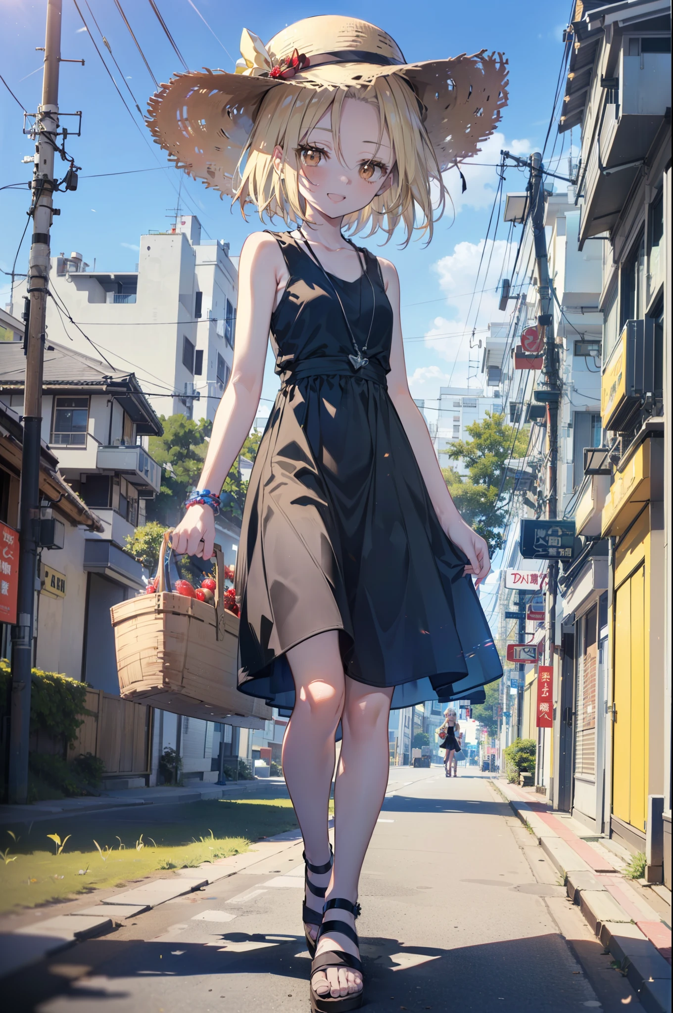 (annakyouyama, anna kyouyama, Blonde Hair, short hair, (Brown eyes:1.7),happy smile, smile, Open your mouth,Big straw hat,Black sleeveless dress,Long skirt,Cute Sandals,Daytime,Clear skies,Walking,
壊す looking at viewer, whole body,
Destroy outdoors, Building district,Destroy the coastal road (masterpiece:1.2), highest quality, High resolution, unity 8k wallpaper, (shape:0.8), (Fine and beautiful eyes:1.6), Highly detailed face, Perfect lighting, Highly detailed CG, (Perfect hands, Perfect Anatomy),