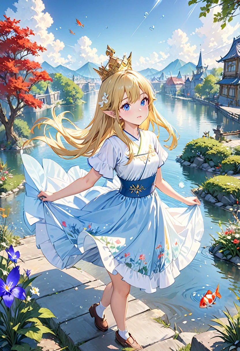 "(best quality,4k,8K,high resolution,masterpiece:1.2), Extremely detailed,(Practical,Realistically,Realistically:1.37), Impressionism, water下, iris, bubble, Flat-chested girl, fish, Long blond hair, 洪water, , water, Princess, Blonde hair and blue eyes, Short sleeve, blue eyes, fairies, The Legend of Zelda, Jewel-like, CG, kingdom city background, mechanical, crown, Lighting Effects."