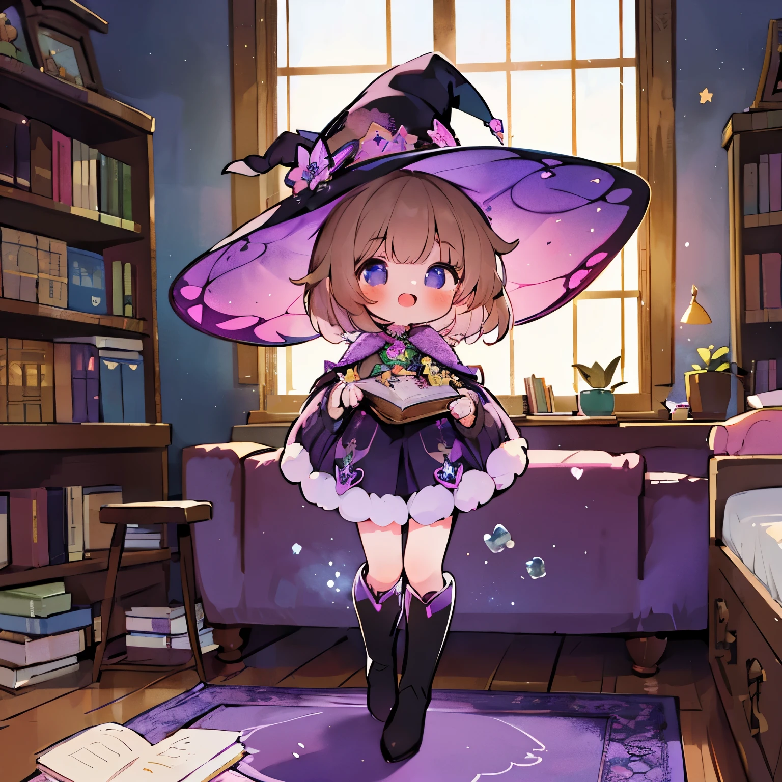 Beautiful illustration, best quality, detailed, cute girl, ((Inside a room full of books)), bright illumination, pastel colors, short brown hair, ((Purple Witch outfit)), ((Black boots)), ((Witch hat)), happy face, bright light, big eyes, ((Standing)), colorful