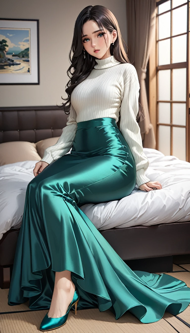 (masterpiece,highest quality,超A high resolution),Japanese women, (((Very beautiful 25 year old girl))),Long sleeve sweater、((Satin mermaid-style high-waisted long skirt))、The skirt is ankle-length、