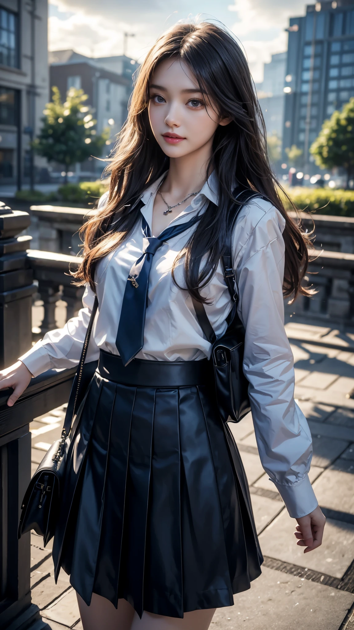 8K, UHD, masterpiece, 1 girl, good face, happy face, detailed eyes, very long hair, necklace, , blue uniform, skirt, tie, school bag, in the bridge, cloudy weather, realism, depth of field, 3d, unreal engine 5, ray tracing, flowing wind,