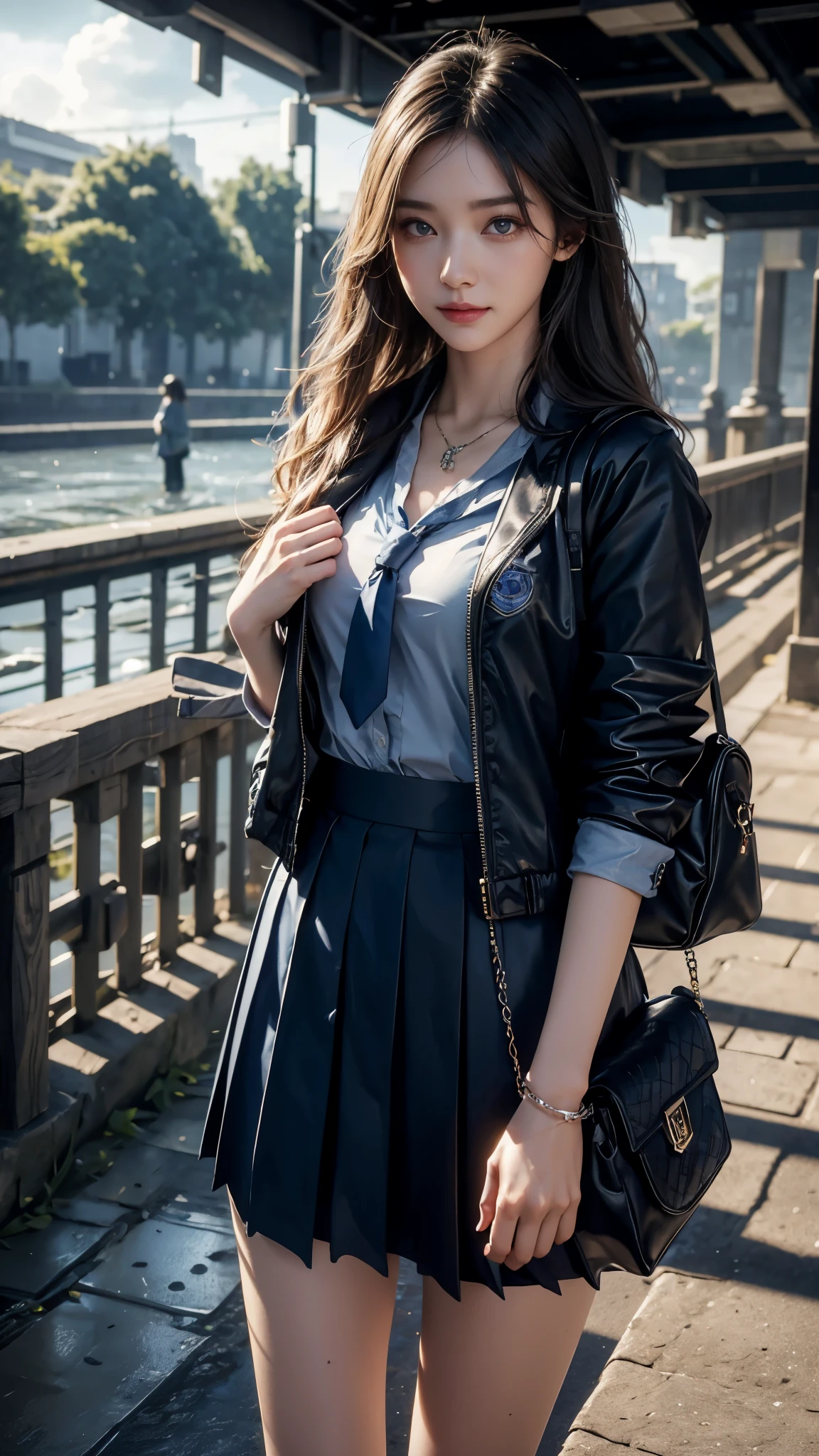 8K, UHD, masterpiece, 1 girl, good face, happy face, detailed eyes, very long hair, necklace, , blue uniform, skirt, tie, school bag, in the bridge, cloudy weather, realism, depth of field, 3d, unreal engine 5, ray tracing, flowing wind,