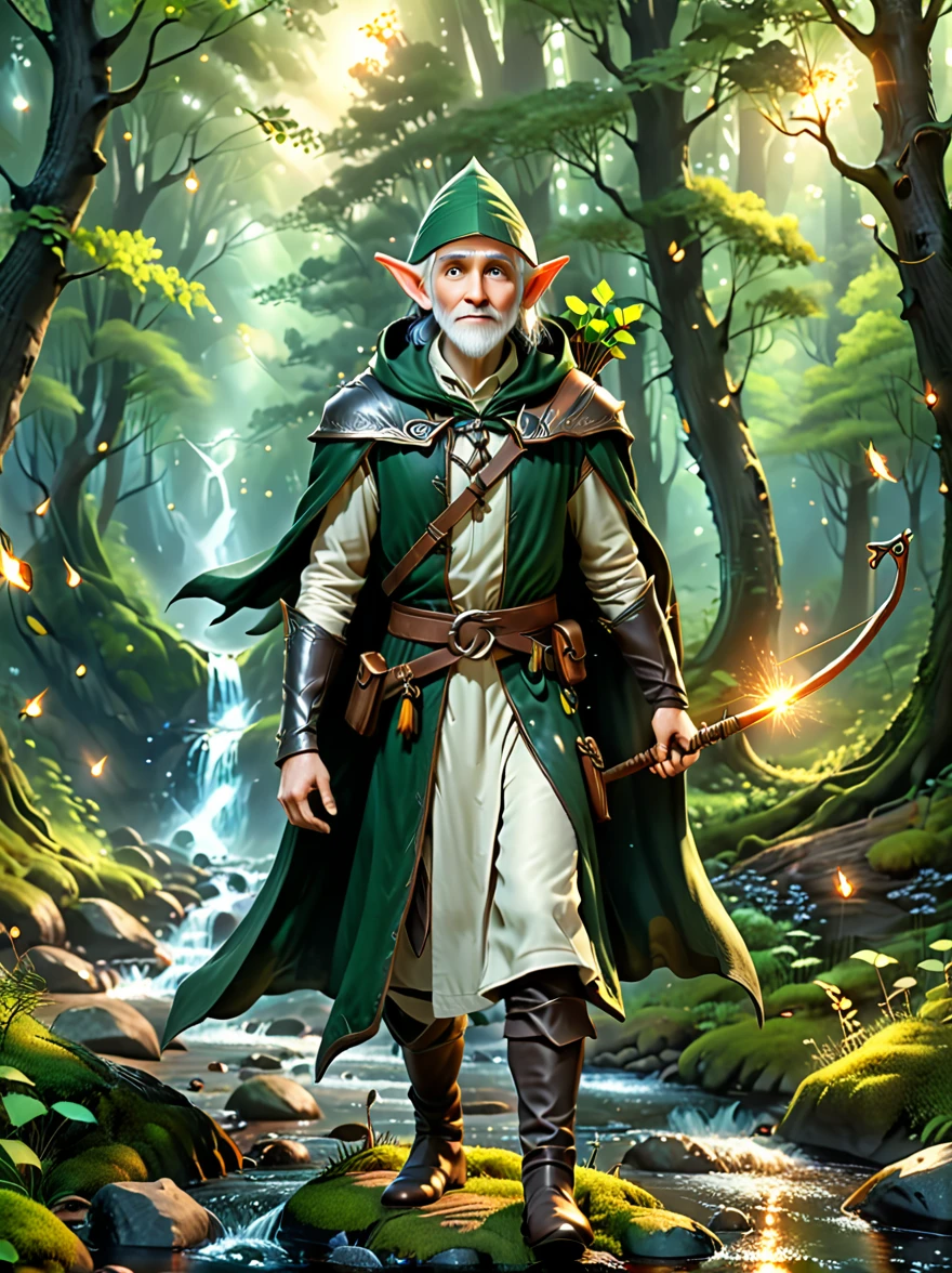 An old man, An experienced Elf Ranger embarks on a long journey of resistance, An elf wearing a leather tunic and a hooded cloak of gleaming platinum silk，Holding Elven Bow, Black Forest, A forest landscape in the background，Beautiful trees, Stream and Fireflies, panoramic, movie lighting, dramatic scene, High quality 3D rendering, fantasy, Pixar 3D character design style, Dreamyvibes Artstyle