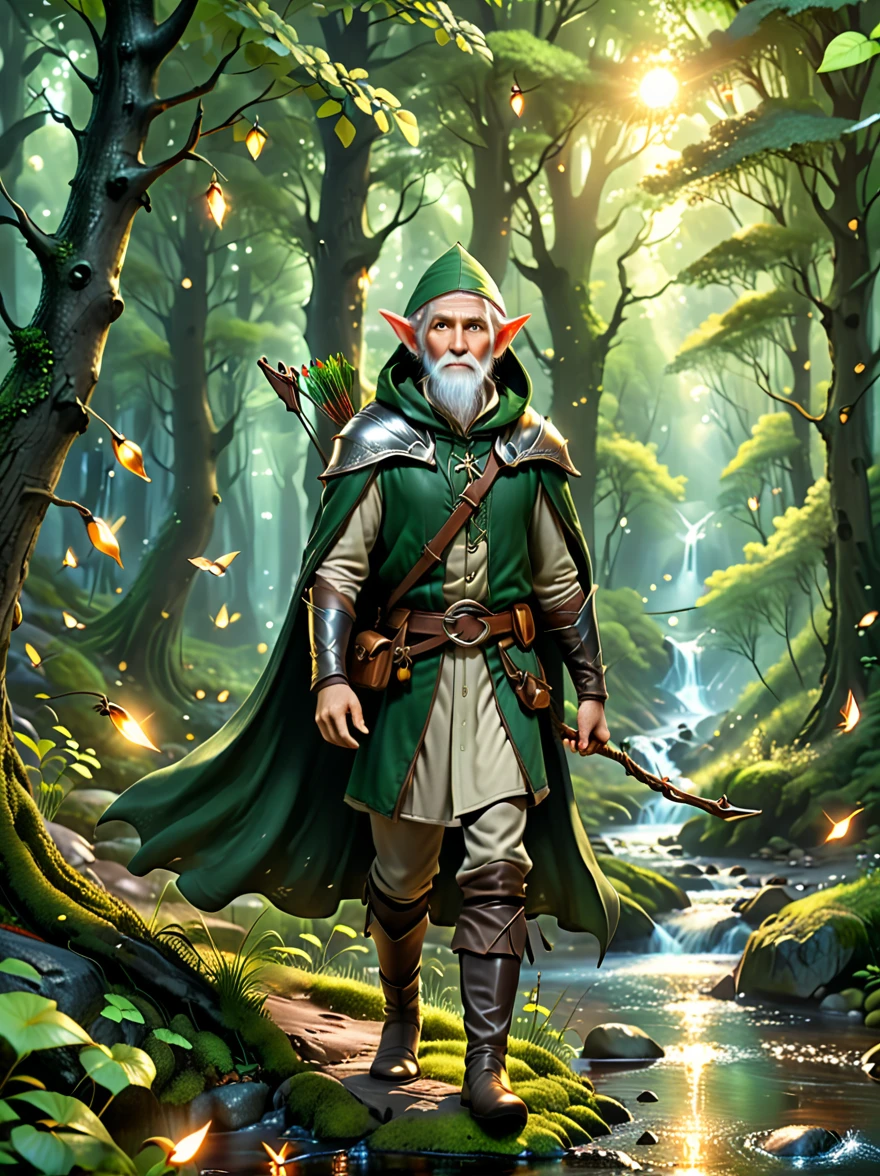 An old man, An experienced Elf Ranger embarks on a long journey of resistance, An elf wearing a leather tunic and a hooded cloak of gleaming platinum silk，Holding Elven Bow, Black Forest, A forest landscape in the background，Beautiful trees, Stream and Fireflies, panoramic, movie lighting, dramatic scene, High quality 3D rendering, fantasy, Pixar 3D character design style, Dreamyvibes Artstyle