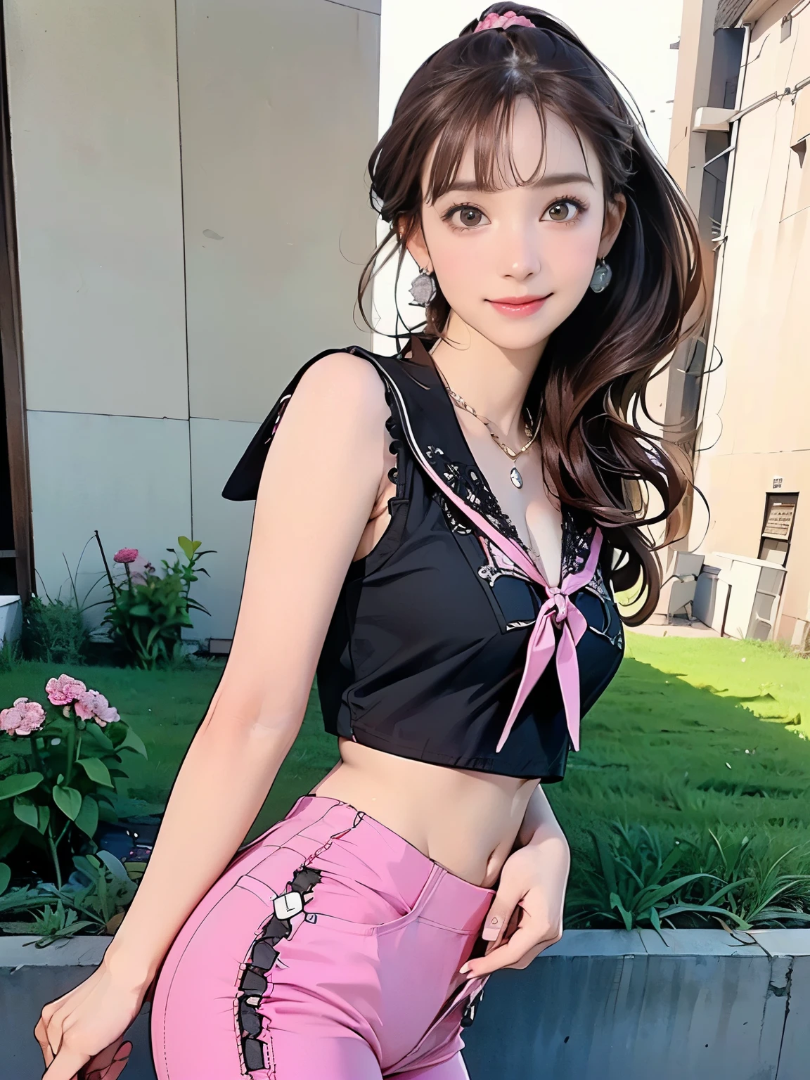 ((((highest quality))))、(((Ultra-precision CG16K wallpaper)))、(((masterpiece)))、(((Super detailed)))、(((Extreme detail)))、((1Mature 29 year old woman:1.6))、((Very beautiful Japanese faces))、((vegetable々Introduction:1.5))、((Soft wavy long ponytail hair、blunt bangs:1.3))、(Shiny brown hair)、Beautiful delicate eyes、Brown Eyes、eyeliner、Eyeshadow、High nose、Small nostrils、Small Mouth、Seductive lips、Beautiful breasts、((C cup size breasts))、Cleavage、Beautiful feet、eight-headed body、Perfect proportions、Perfect Anatomy、Perfect composition、Beautiful detailed shading、Beautiful, natural lighting、Beautiful detail glow、Depth of written boundary、(((High chroma)))、(((Real:1.9)))、((vivid:1.5))、((Beautiful Skin))、((Skin Texture))、((Realな皮膚感))、(((Cowboy Shot:1.6)))、((front view、shoot from front、Front low angle:1.6))、(((smile:1.6)))、((The woman is looking at this、looking at viewer、Facing forward:1.6))、Bright daylight、Natural light、(((Grass Square、flower bed:1.5)))、(Gravure idol pose:1.6)、(((Pink sleeveless cropped lace sailor shirt、Low rise yoga mini pants:1.6)))、((Earrings、necklace、Wearing a scrunchie ribbon:1.5))、
