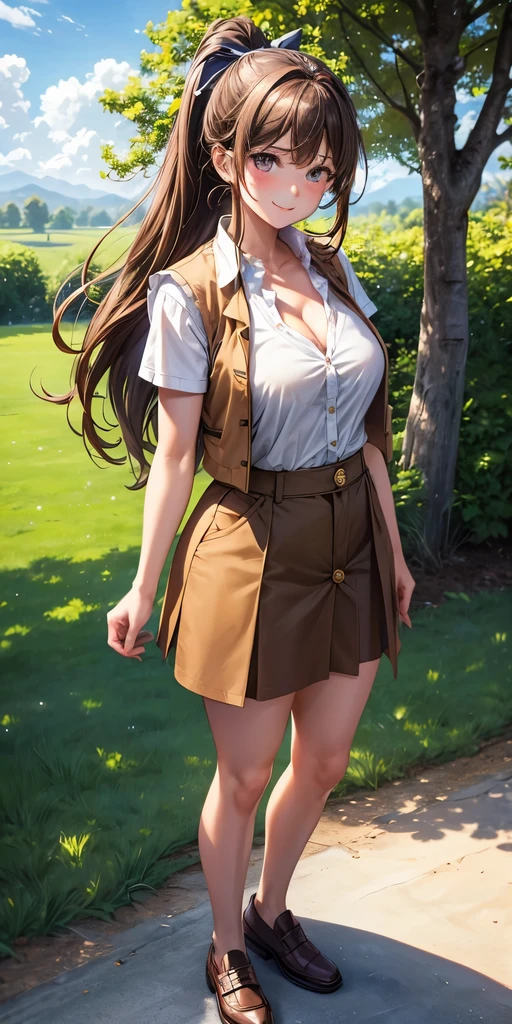 1girl, full body, solo, summer, village, trees, sun, clouds, ((brown hair)), long hair, ponytail, large breasts, ((brown vest)), button down shirt, ((white shirt)), ((short sleeved shirt)), ((unbuttoned shirt)), unbuttoning buttons, cleavage 1:3, brown eyes, skirt, smile, looking at the viewer, standing, hair ribbon, golden necklate