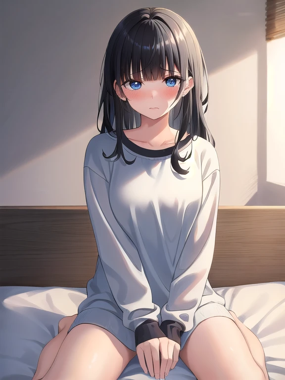 (masterpiece:1.3), (Absurd:1.3), (highest quality:1.3), The Hands of Guido Daniele, (Very detailed:1.3), (Best Shadow:0.7), (Processed Hair), One girl, alone, S1, aizawa ema, s old, (medium Breasts:1.0), (pregnant:0.6), (thick thighs:0.4), (Black hair:1.8), Asymmetrical bangs, Blunt bangs, blue eyes, white shirt, no bra, (nipple shape:1.0), no socks, cute face, panic face, (embarrassed:1.0), in the bed room, on the bed, co-sleeping, open legs,