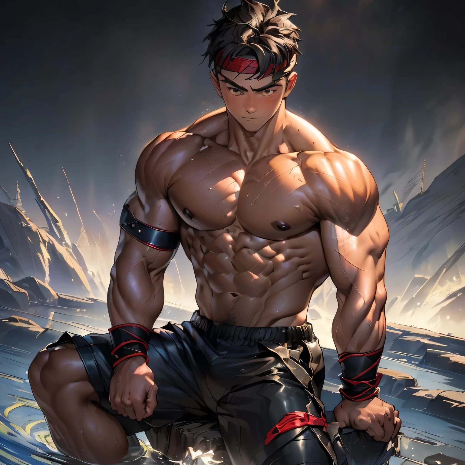 (Masterpiece, Best quality 19 year old boy, black background, cowboy shot), solo, Young, boy, muscler, Shirtless, topless, (Dark Short straight hair, under cut, brown eyes), (red headband, ((leather fingerless grobe, black wristband, simple shoulder rest))), Vivid colors, muscler!, muscler, muscler body, (aura power:1.4), detailed face, detailed muscle, (((A magical mystical aura, rippling muscles, fighting pose, struggle, chilling atmosphere, subtle color tones)))