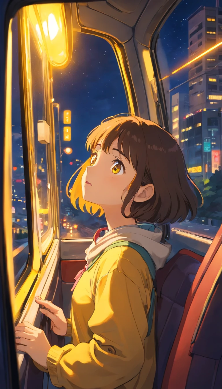 Girl looking up from inside a car(About 16 years old)、night、Driving on the highway、View from the train window、The yellow lights of the highway are reflected in the window、Assistant seat、Outside view、The light is reflected in the window glass、high resolution