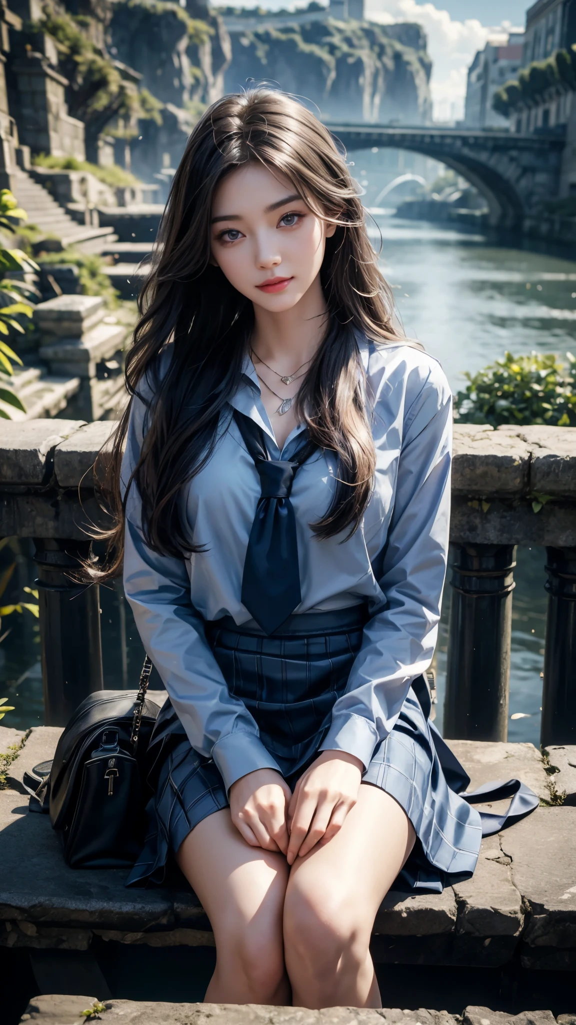 8K, UHD, masterpiece, 1 girl, good face, happy face, detailed eyes, very long hair, necklace, , blue uniform, skirt, tie, school bag, in the bridge, cloudy weather, realism, depth of field, 3d, unreal engine 5, ray tracing, flowing wind, sitting,