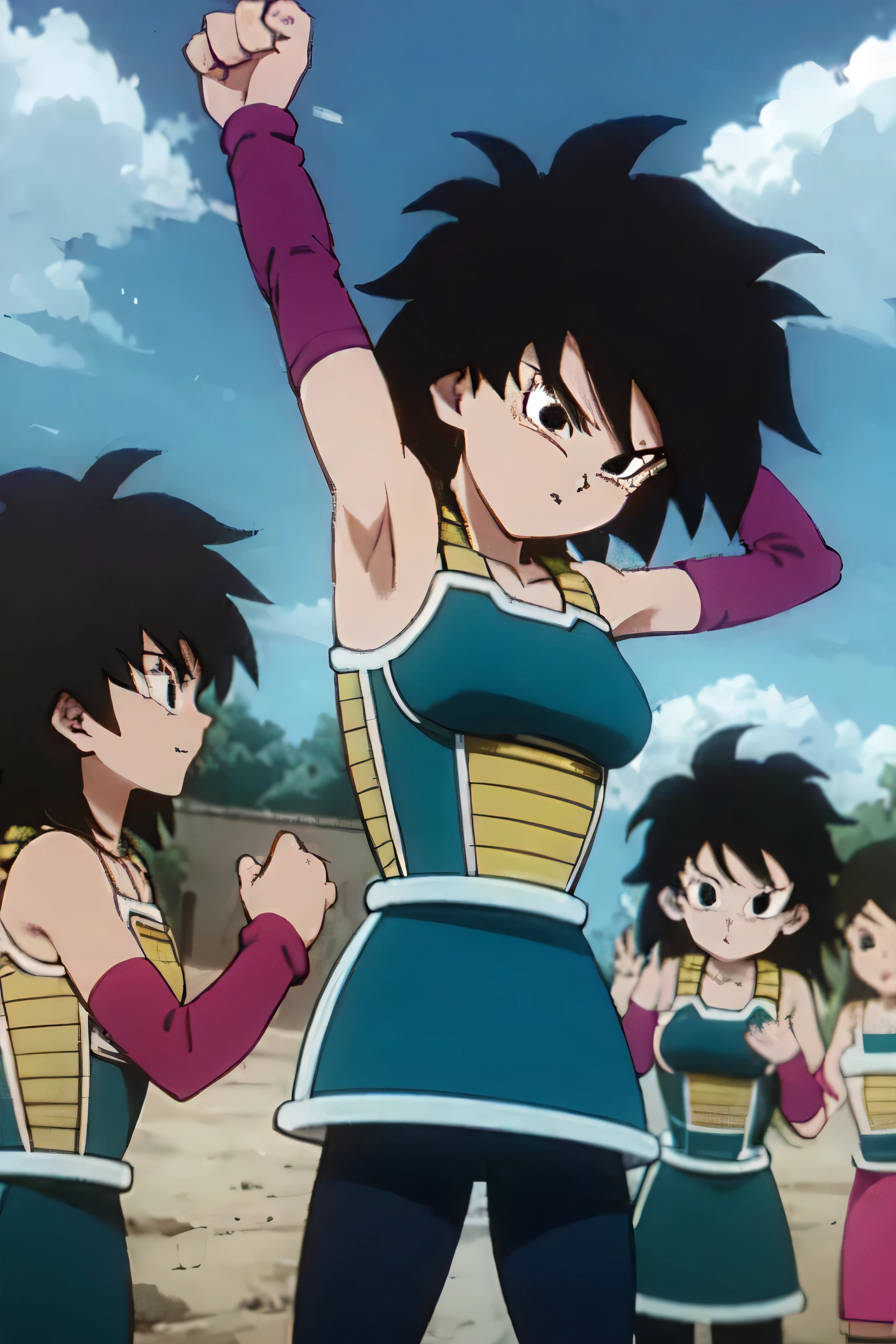 gine,short black hair, black eyes, bare shoulders,pink wristbands,breastplate, green saiyan armor,green skirt,pantyhose, looking serious, angry, fighting pose, village, blue sky, high quality, masterpiece mature appearance,armpits,sweat,sweaty,sweaty armpits,arms up,showing armpits,awesome armpits,outfit,blackish red arm warmers,maroon arm bands, maroon arm warmers,both arms raised