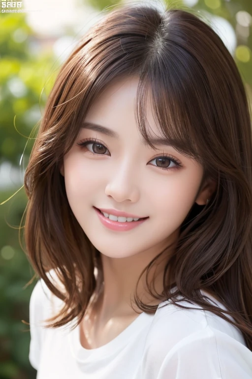 Best quality, masterpiece, ultra-high resolution, (photorealistic: 1.4), 1 woman, smiling eyes, (ulzzang-6500-v1.1: 1.0), brown hair, black eyes, 30 years old, beautiful woman, actress, white T-shirt.