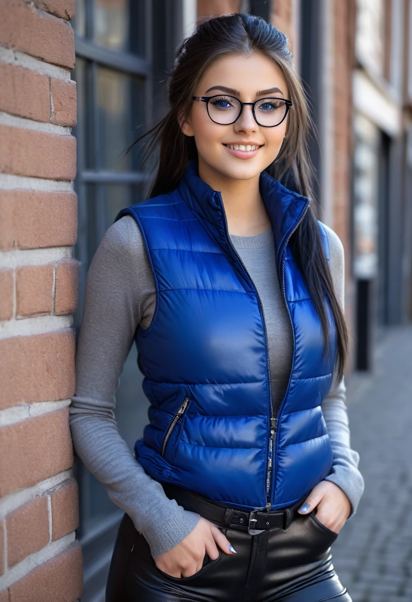 hyperrealistic beautiful busty 18-year-old girl with long legs wearing grey longsleeve with royal blue padded vest and black leather pants, model shooting full body photography, raven black hair with long ponytail, glasses, dark eye makeup with eyeliner, seductive smile, small necklace, 8K, Best quality, Meisterwerk, ultra high resolution, (Realismus: 1.4), Originalfoto, (realistische Hautstruktur: 1.3), (Filmkorn: 1.3), (Selfie-Winkel), 1 girl, Beautiful round hazel eyes and facial details, Meisterwerk, Best quality, street photography on a sunny day, nsfw with cameltoe