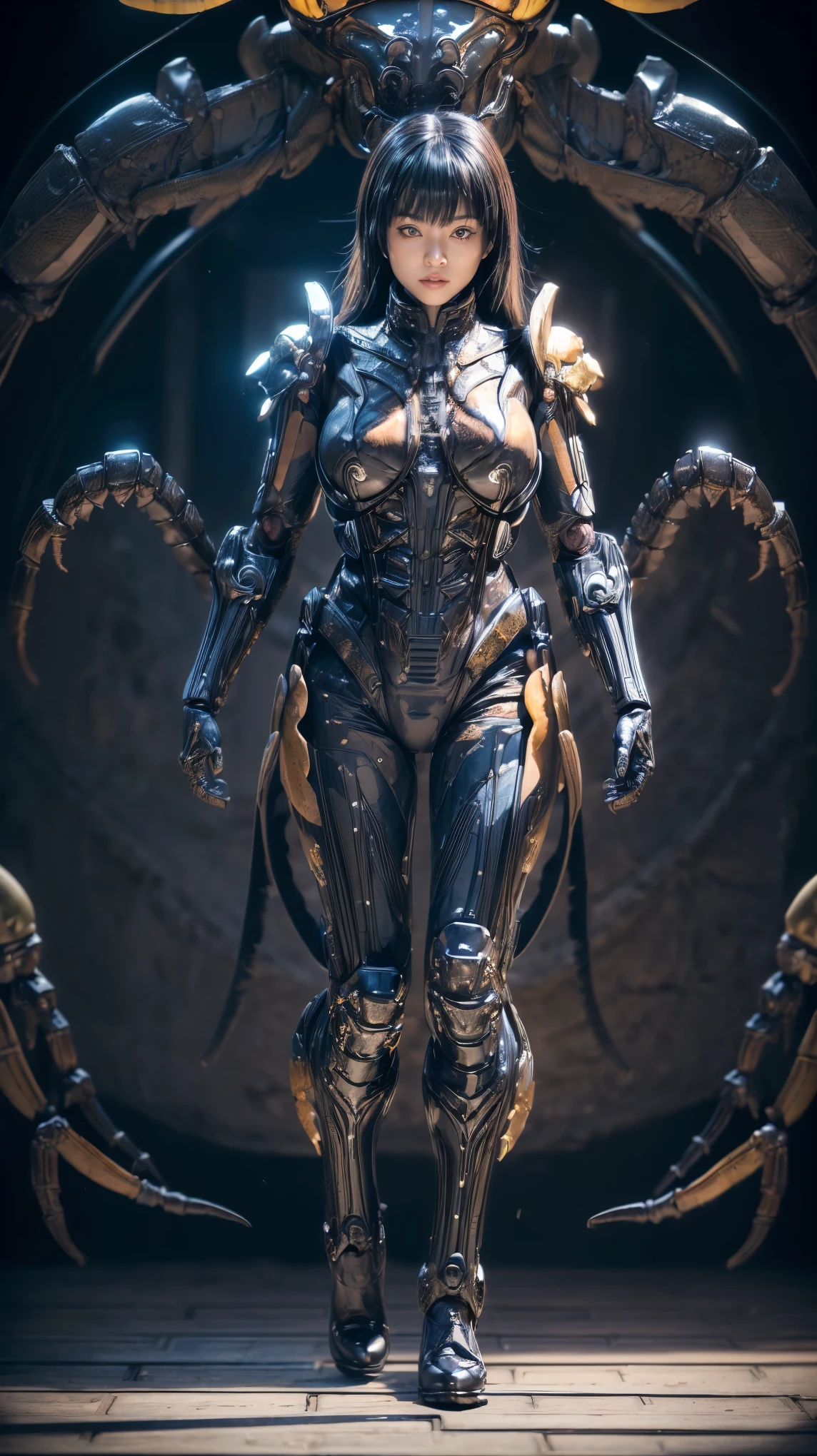 (high resolution,masterpiece,best quality,extremely detailed CG),(japanese girl), photorealistic, amazing fine details, all intricate, gloss and shiny,awesome many layers, 8k wall paper, ultimately realistic face, (whole body picture), perfect female proportion,villainess, (fusion of scorpion and lady:1.4), (scorpion form lady:1.2), (scorpion lady:1.2), (fusion:1.2), (scorpion exoskeleton bio insect suit:1.4), (scorpion blue exoskeleton bio insect armor:1.4), dystopia with a nice view