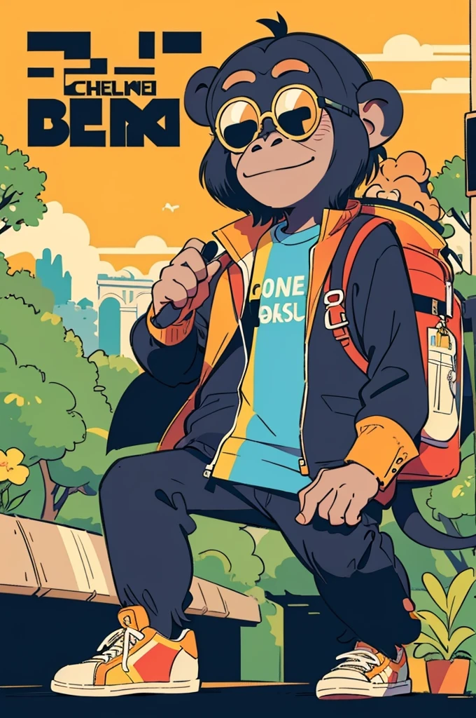 flat color,(a Chimpanzee wearing sunglasses), Chimpanzee travelling France,Cheerful,Shirt,,sneakers,enjoy trip,