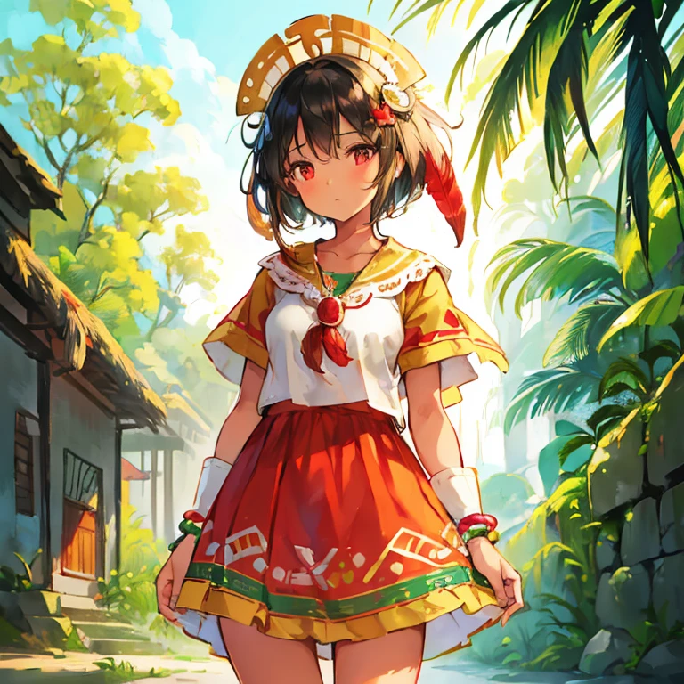 Beautiful illustration, best quality, cute girl, (on aprecolumbian village), sunlight illumination, pastel color, short black hair, ((tan skin)), ((Aztec costume)), ((Red and green outfit)), ((Feathers)), serene face, bright light, big eyes, ((Standing))
