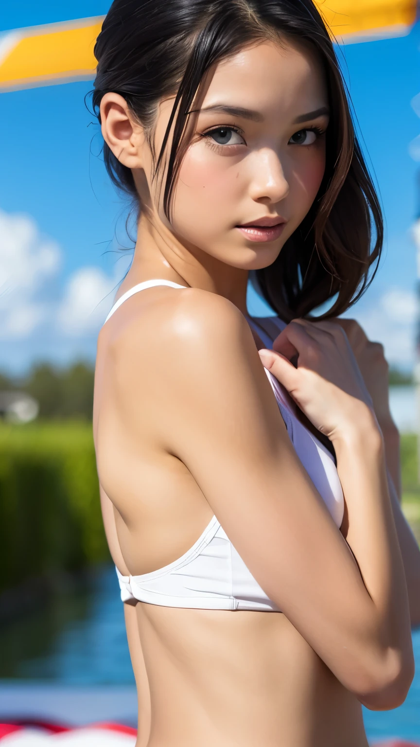 Masterpiece, top quality, ultra high resolution, (photorealistic photo: 1.4), ((1 girl, white fair skin: 1.4, kneeling, from above, looking up at the viewer, face closeup, 19 years old, pretty, cute, black hair, bob_cut, short hair with bangs, large breasts: 1.6)) (bikini swimsuit: 1.3, simple blue and white two-tone swimsuit, blue and white swimsuit, Glossy shiny shiny swimsuit, shiny swimsuit with reflective surfaces, dripping wet body: 1.2) (portrait of a famous actress of Japan), (smile, happy, joyful, cheerful, close mouth), (breasts tucked between arms with breasts), high detailed eyes, ((((really snow-white background, nothing background)))), long neck, (short hair with bangs, bangs, bangs)))), eyelashes, big eyes, (((very beautiful, Very beautiful)), (natural light, ears out, sheer, see-through, transparent, huge, crotch spread, big thighs, big ass, clean back, highlights in the eyes)))