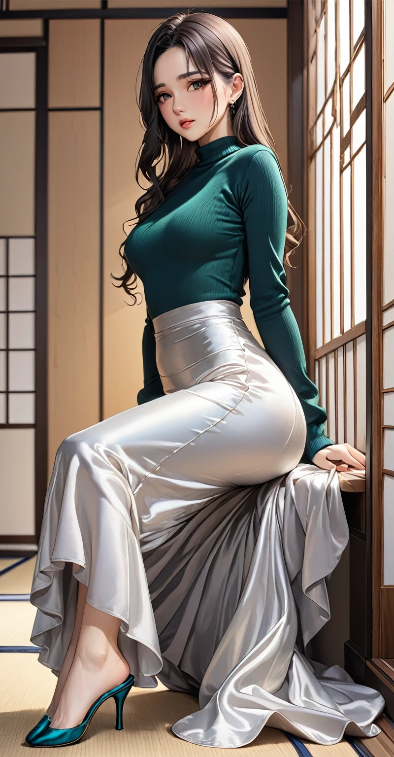 (masterpiece,highest quality,超A high resolution),Japanese women, (((Very beautiful 25 year old girl))),Long sleeve sweater、((Satin mermaid-style high-waisted long skirt))、The skirt is ankle-length、