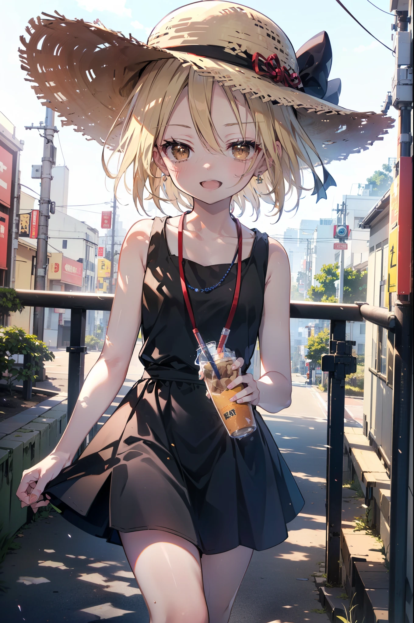 (annakyouyama, anna kyouyama, Blonde Hair, short hair, (Brown eyes:1.7),happy smile, smile, Open your mouth,Big straw hat,Black sleeveless dress,Long skirt,Cute Sandals,Daytime,Clear skies,Walking,
壊す looking at viewer, whole body,
Destroy outdoors, Building district,Destroy the coastal road (masterpiece:1.2), highest quality, High resolution, unity 8k wallpaper, (shape:0.8), (Fine and beautiful eyes:1.6), Highly detailed face, Perfect lighting, Highly detailed CG, (Perfect hands, Perfect Anatomy),