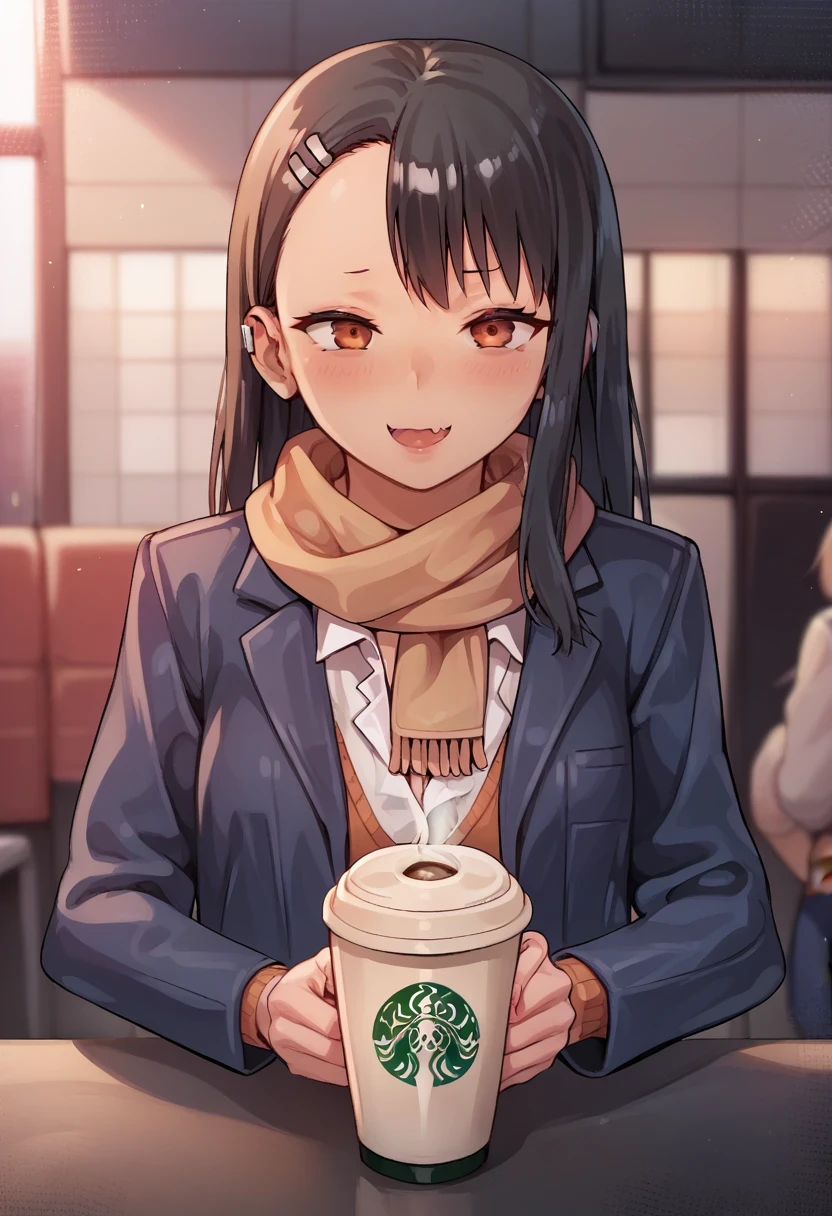 score_9, score_8_up, score_7_up, uncensored, source_anime, 1girl, solo, masterpiece, best quality, detailed face, face focus, BREAK nagatoro hayase, 1girl, solo, scarf, jacket, coffee shop, pleated skirt, masterpiece, beautiful, best quality,