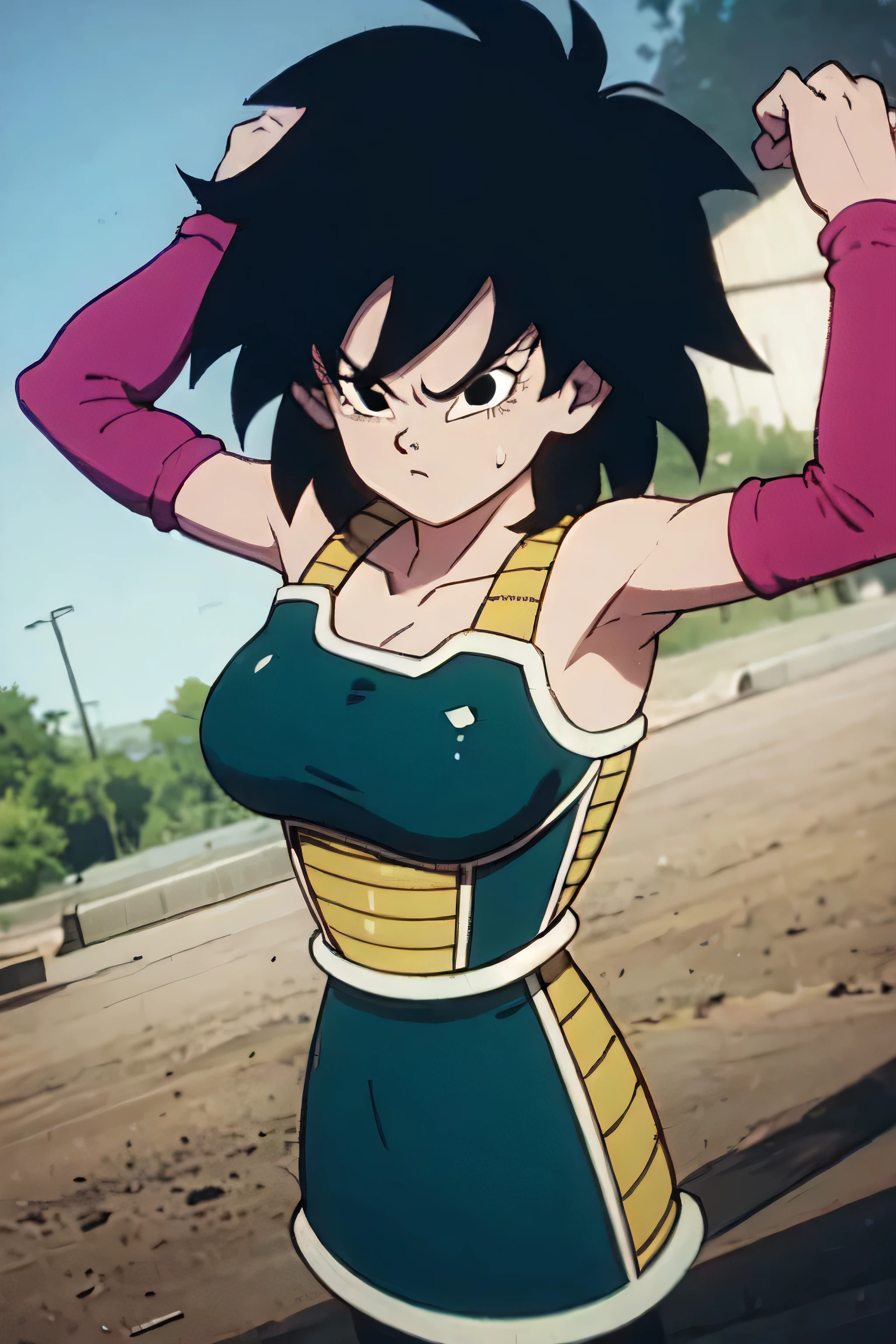 gine,short black hair, black eyes, bare shoulders,pink wristbands,breastplate, green saiyan armor,green skirt,pantyhose, looking serious, angry, fighting pose, village, blue sky, high quality, masterpiece mature appearance,armpits,sweat,sweaty,sweaty armpits,arms up,showing armpits,awesome armpits,outfit,blackish red arm warmers,maroon arm bands, maroon arm warmers,both arms raised