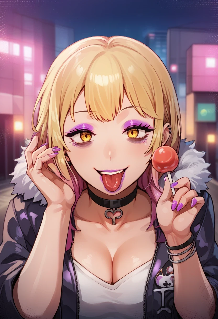 score_9, score_8_up, score_7_up, uncensored, source_anime, 1girl, solo, gyaru, looking at viewer, multicolored hair, blonde, yellow eyes, bags under eyes, amimia, makeup, purple eyeshadow, purple lips, licking lollipop, smile, shiny skin, face focus, choker, fur coat, polished nails, BREAK outdoors, tokyo \(city\), night time, blurry background, city lights, neon lights,