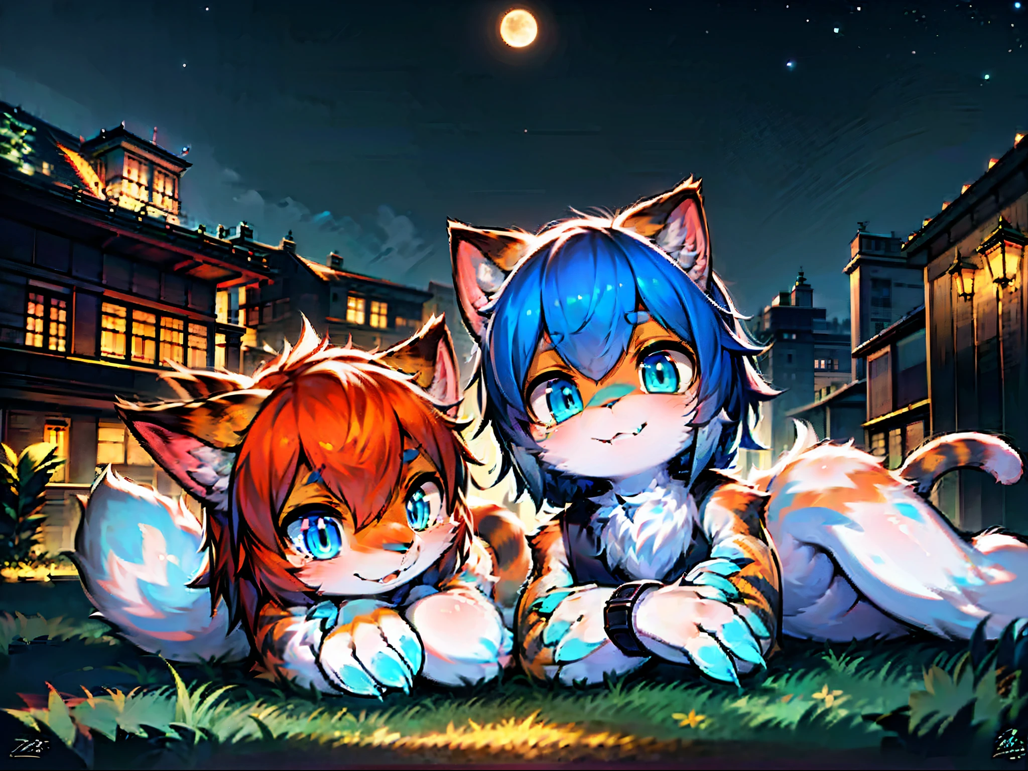 Cat,orange hair,orange cat ears,White cat tail,Green Eyes,Orange claws,cute,Big blue eyes,Shota,A night with a beautiful starry sky,Lie on the lawn and watch the moon
