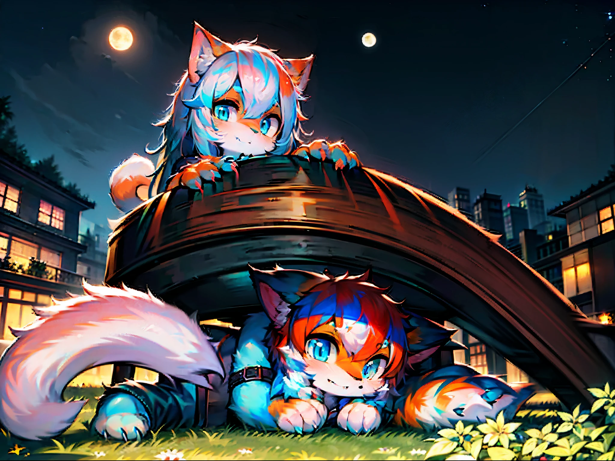 Cat,orange hair,orange cat ears,White cat tail,Green Eyes,Orange claws,cute,Big blue eyes,Shota,A night with a beautiful starry sky,Lie on the lawn and watch the moon