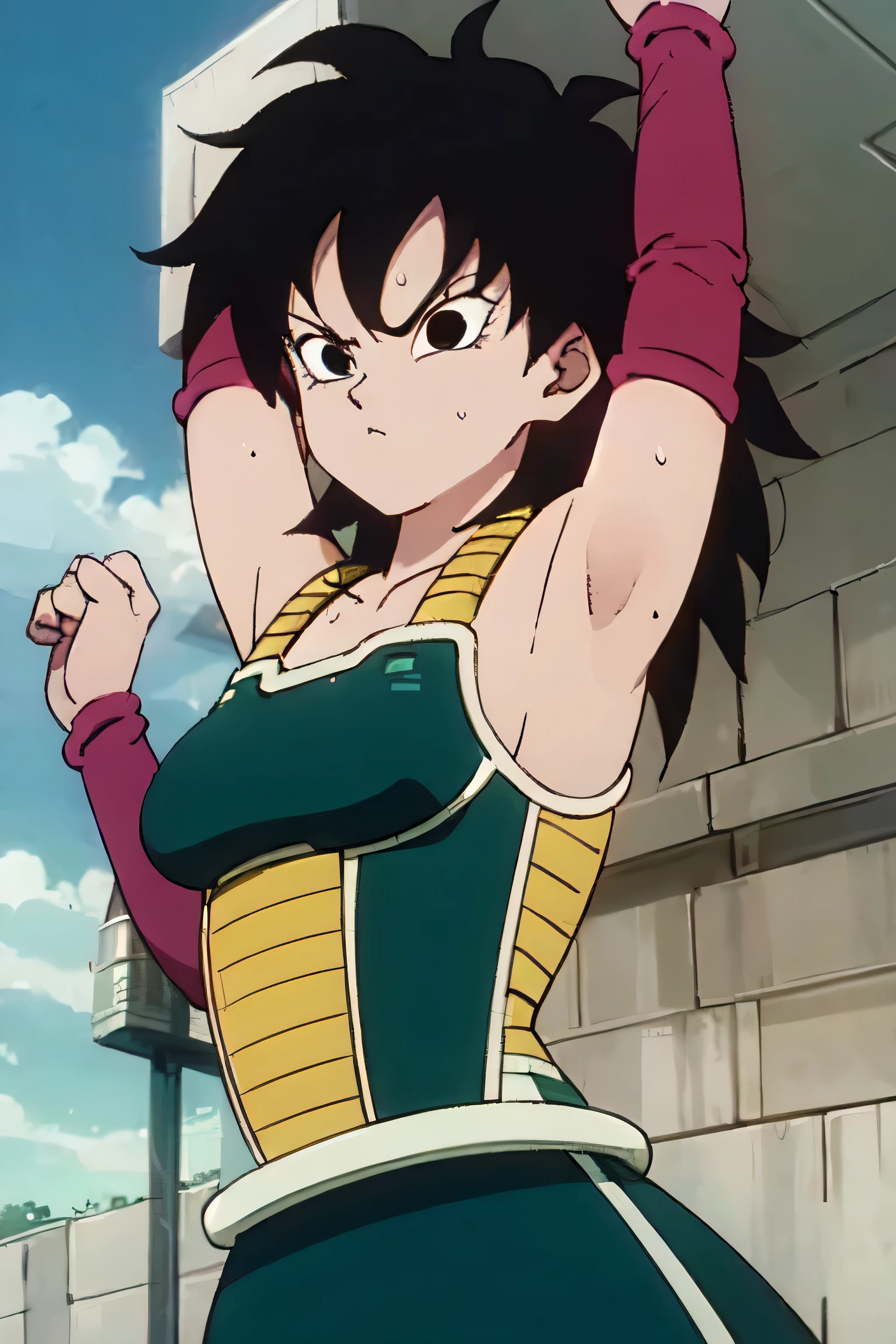 gine,short black hair, black eyes, bare shoulders,pink wristbands,breastplate, green saiyan armor,green skirt,pantyhose, looking serious, angry, fighting pose, village, blue sky, high quality, masterpiece mature appearance,armpits,sweat,sweaty,sweaty armpits,arms up,showing armpits,awesome armpits,outfit,blackish red arm warmers,maroon arm bands, maroon arm warmers,both arms raised