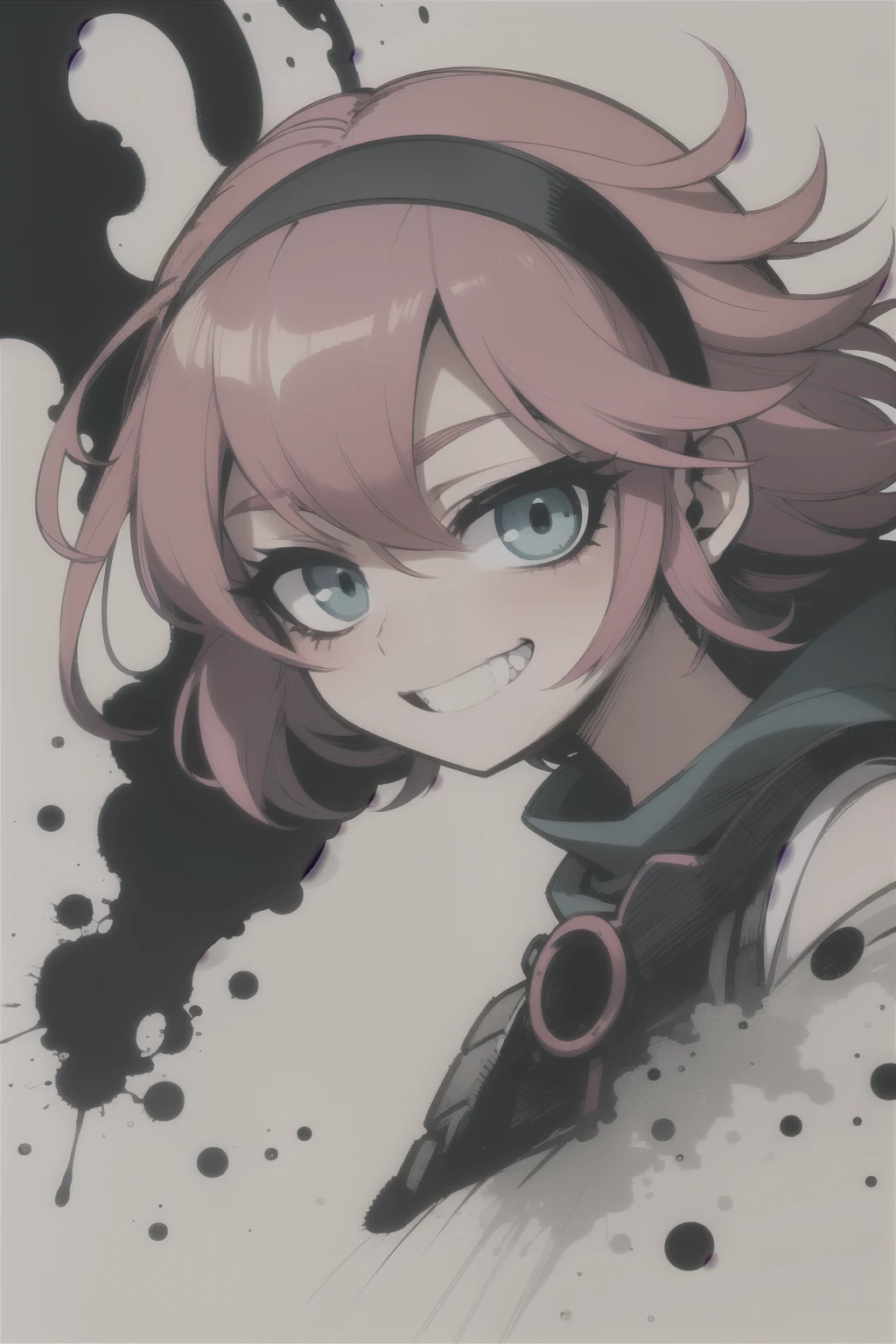 Short light blue hair, Anime Style, White Background, scenery, ink, Paint splashes, bust, shoulder, pink hair, Floating Hair, , head band, close your eyes, Show your teeth and smile big, (Hair color: light blue)